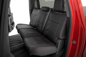 Chevrolet Silverado 1500 Leather Seat Covers - Front + Rear - Rough Country - Premium Leather, Red Accent Stitching, Front Buckets + Rear 60/40 - Red Accent Stitching - '19-'26 Chevrolet Silverado 1500 Leather Seat Covers - Front + Rear - Rough Country - Premium Leather, Red Accent Stitching, Front Buckets + Rear 60/40 - Red Accent Stitching - '19-'26